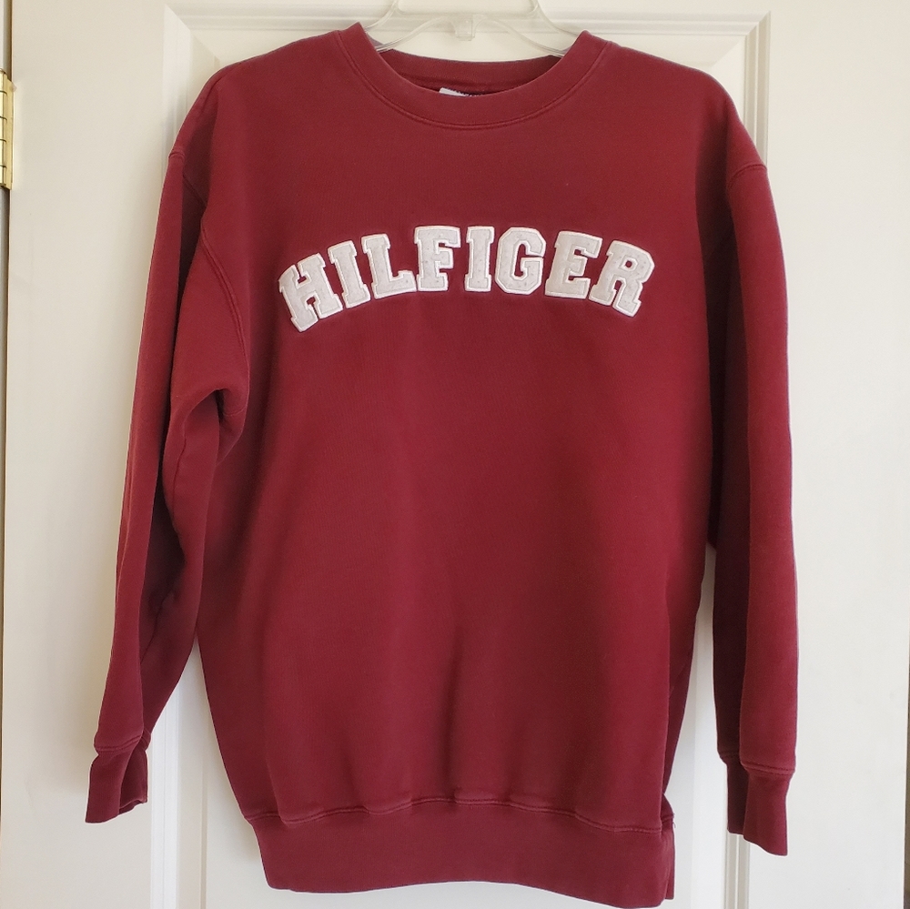 XL Boys Tommy Hilfiger Crewneck Sweatshirt Maroon Spellout Logo Vintage Y2K 2001